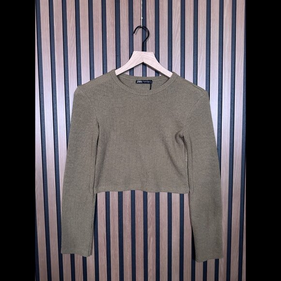 Zara Sweater Small Womens Brown Cropped Crotchet Knit Pullover Crewneck - Picture 1 of 7